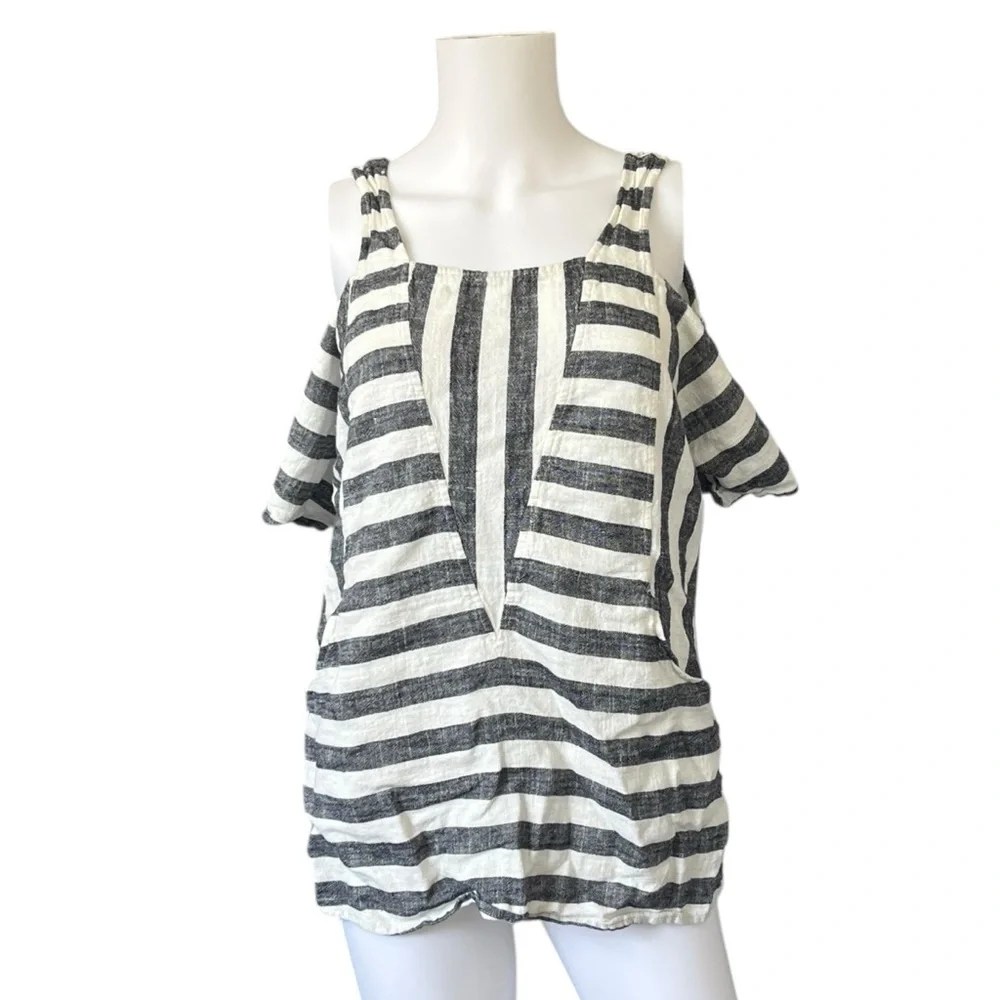 Soft Surroundings Striped Cold Shoulder Top Gray White Linen Size Petite Small
